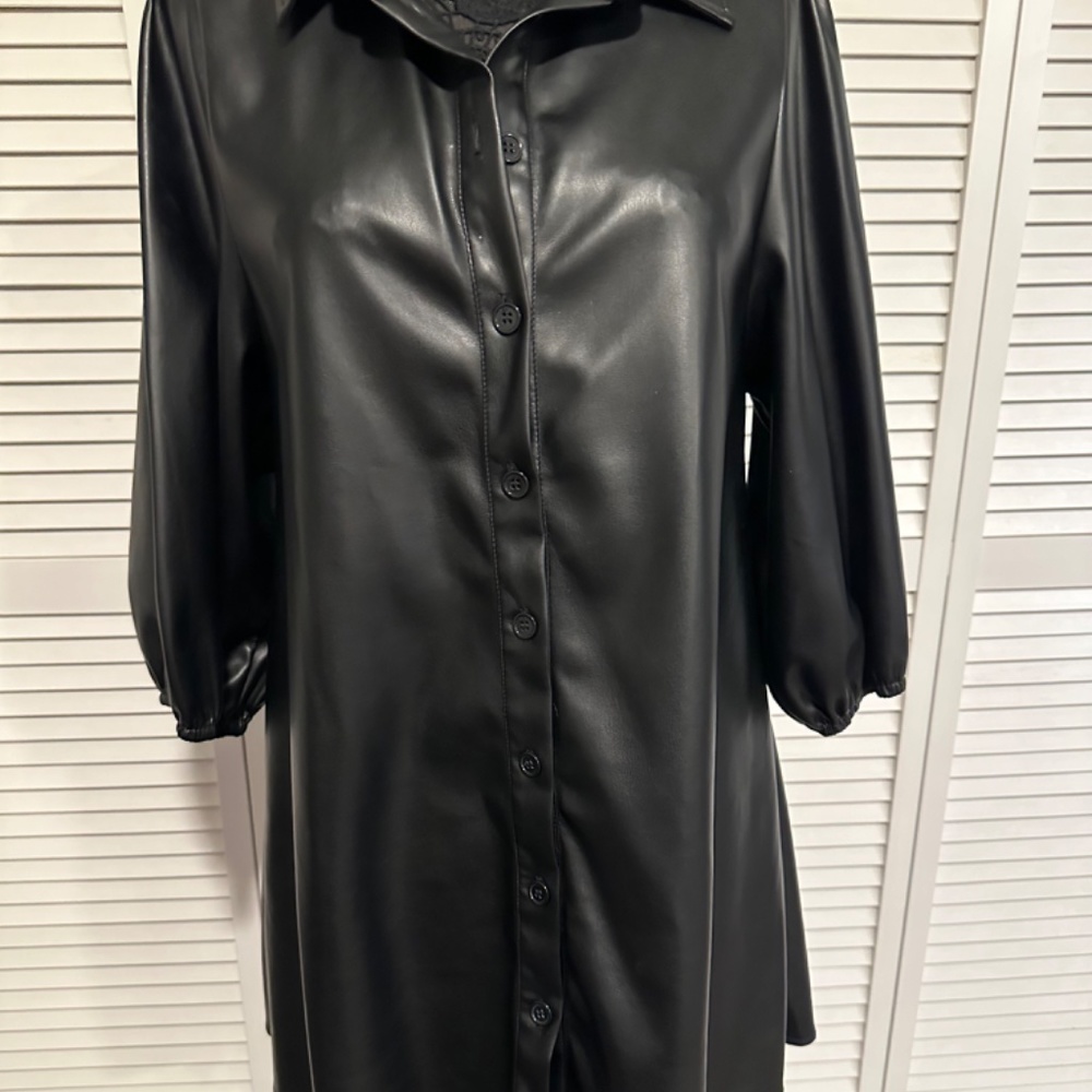 Dolce Cabo Vegan Leather Puff Sleeve Shirt Dress - Picture 3 of 7